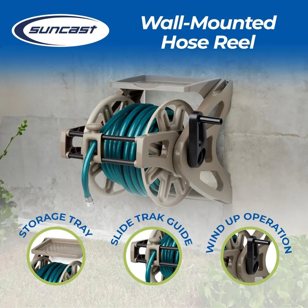 Wall-Mounted Hose Reel Holds 175 ft 5/8" Vinyl Hose Resin Organizer Slide Trak Guide Accessory Tray Garden