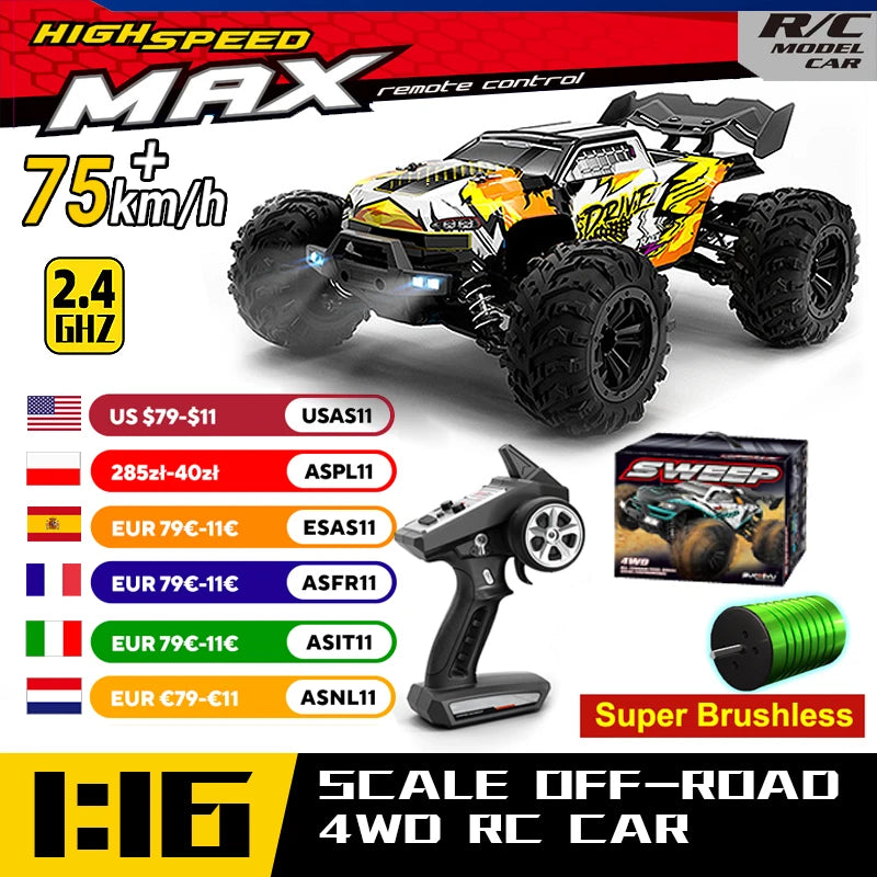 16101 Pro 1:16 75KM/H 4WD RC Car With LED Light 2.4G Remote Control Cars High Speed Drift Monster Truck for Children Gift