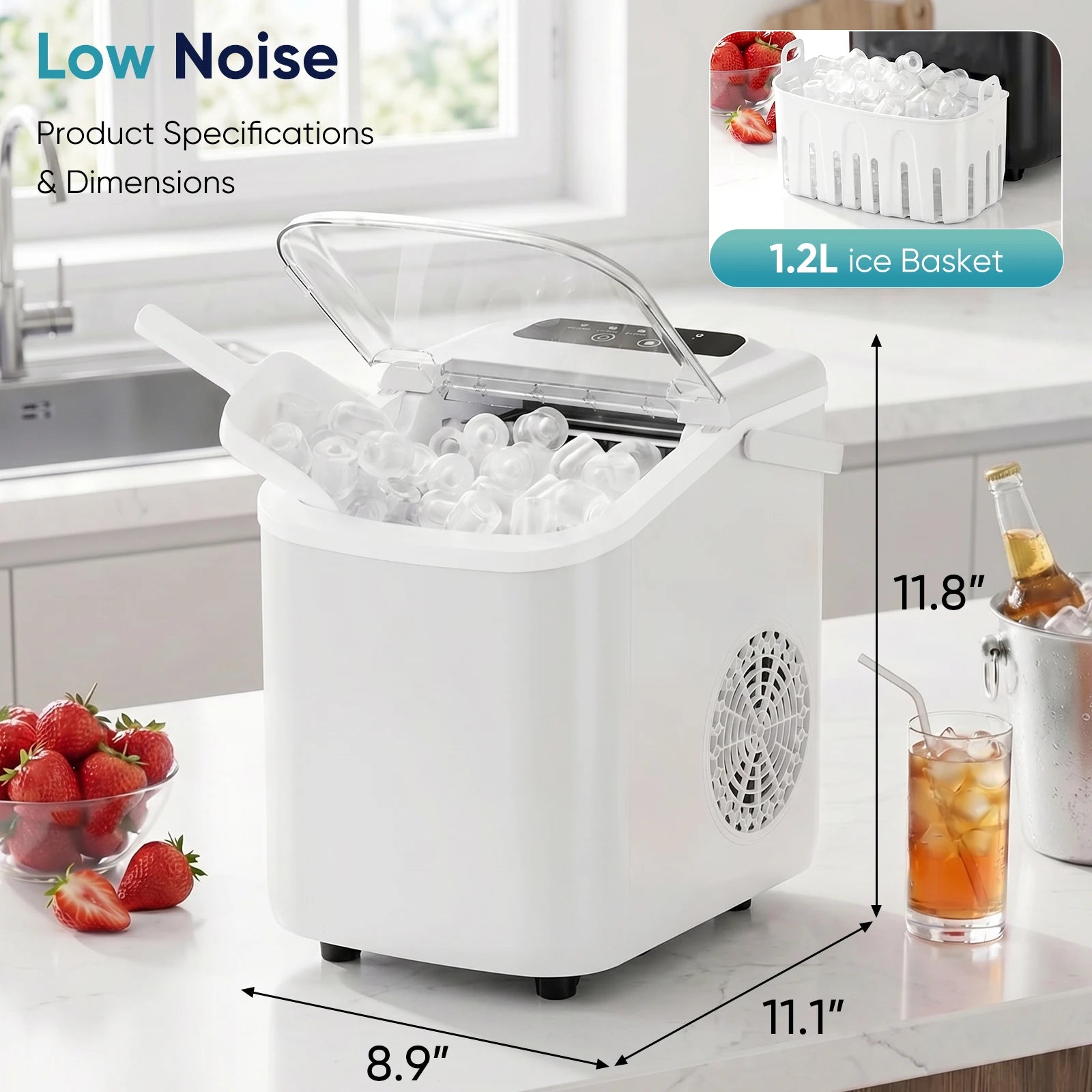 Small Portable Ice Machine Countertop Ice Maker with Scoop Basket and Handle 9 Ice Cubes Ready in 6 Mins 26.5lbs in 24Hrs for Home Kitchen Party