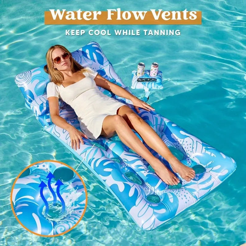 Adjustable Backrest Pool Floats-Tropical Leaves Pool Lounger Floaties Adults with Cup Holders Inflatable Tanning Float