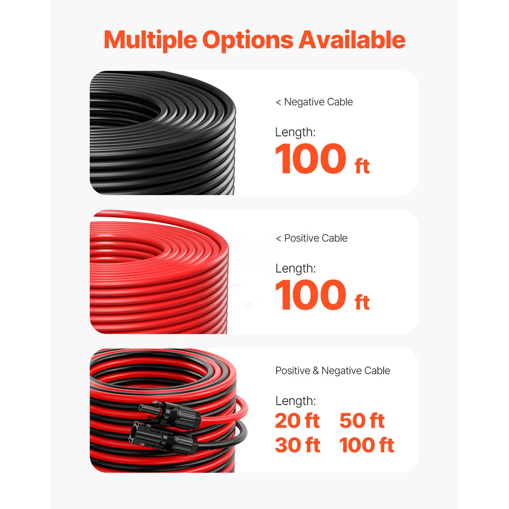 Solar Panel Extension Cable 20FT Black + 20FT Red / 30FT Black + 30FT Red / 50FT Black + 50FT Red / 100FT Black + 100FT Red 10AWG with Female & Male Waterproof Connectors 6mm² PV Cable for Home Ship