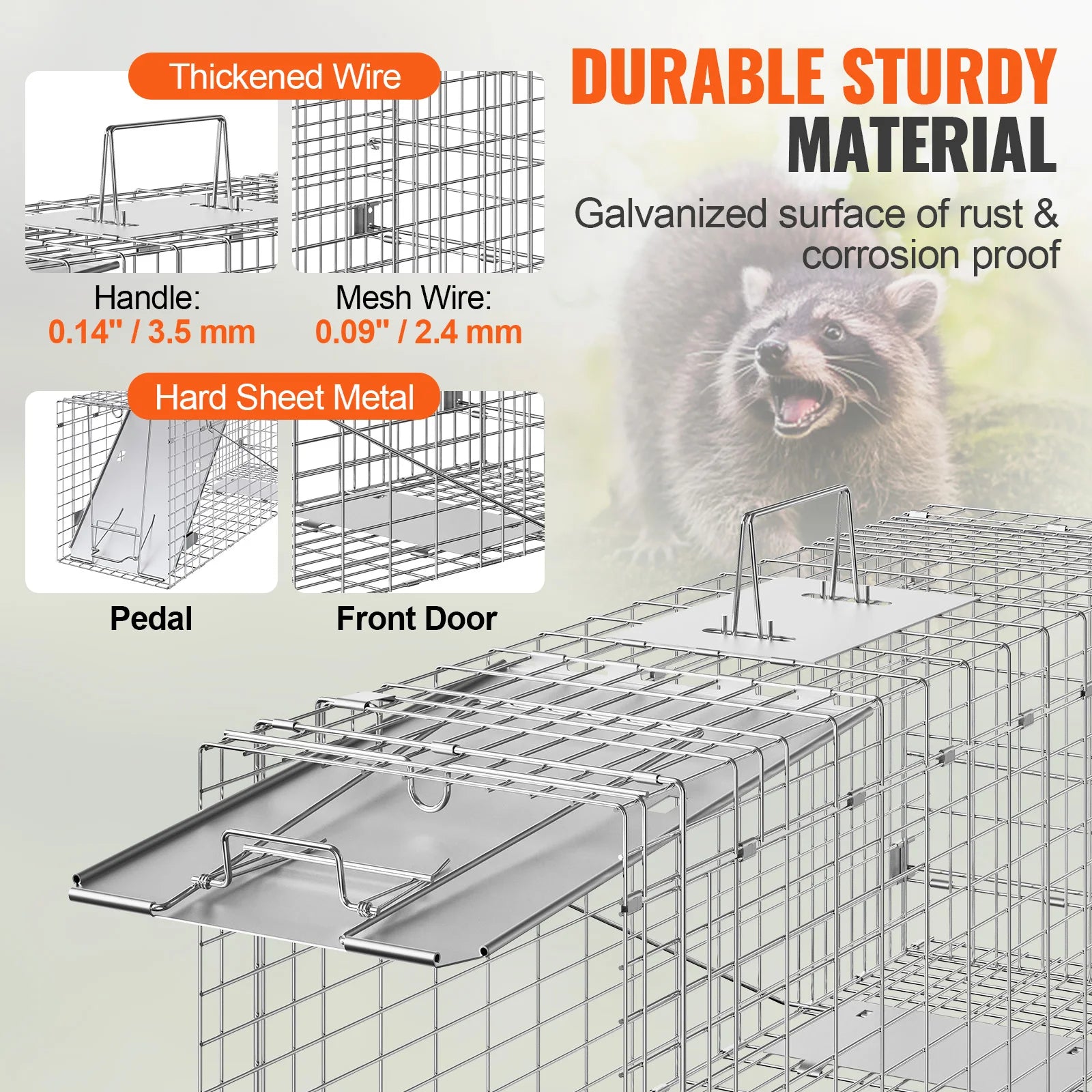 Live Animal Cage Trap Humane Cat Trap Galvanized Iron Folding Animal Trap with Handle for Rabbits Stray Cats Squirrels