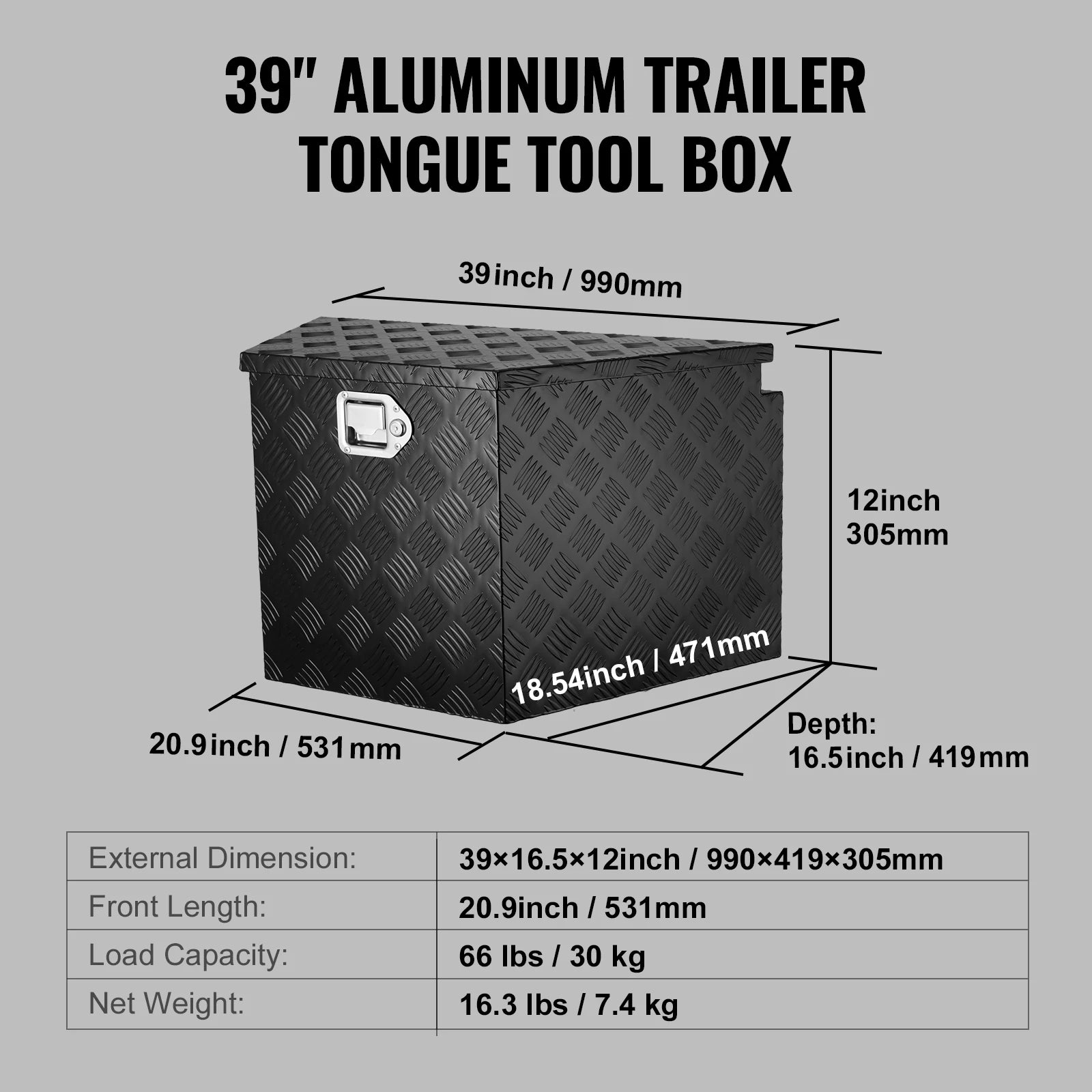 Trailer Tongue Box, Aluminum Alloy Diamond Plate Tongue Box Tool Chest, Heavy Duty Trailer Box Storage for Pickup Truck