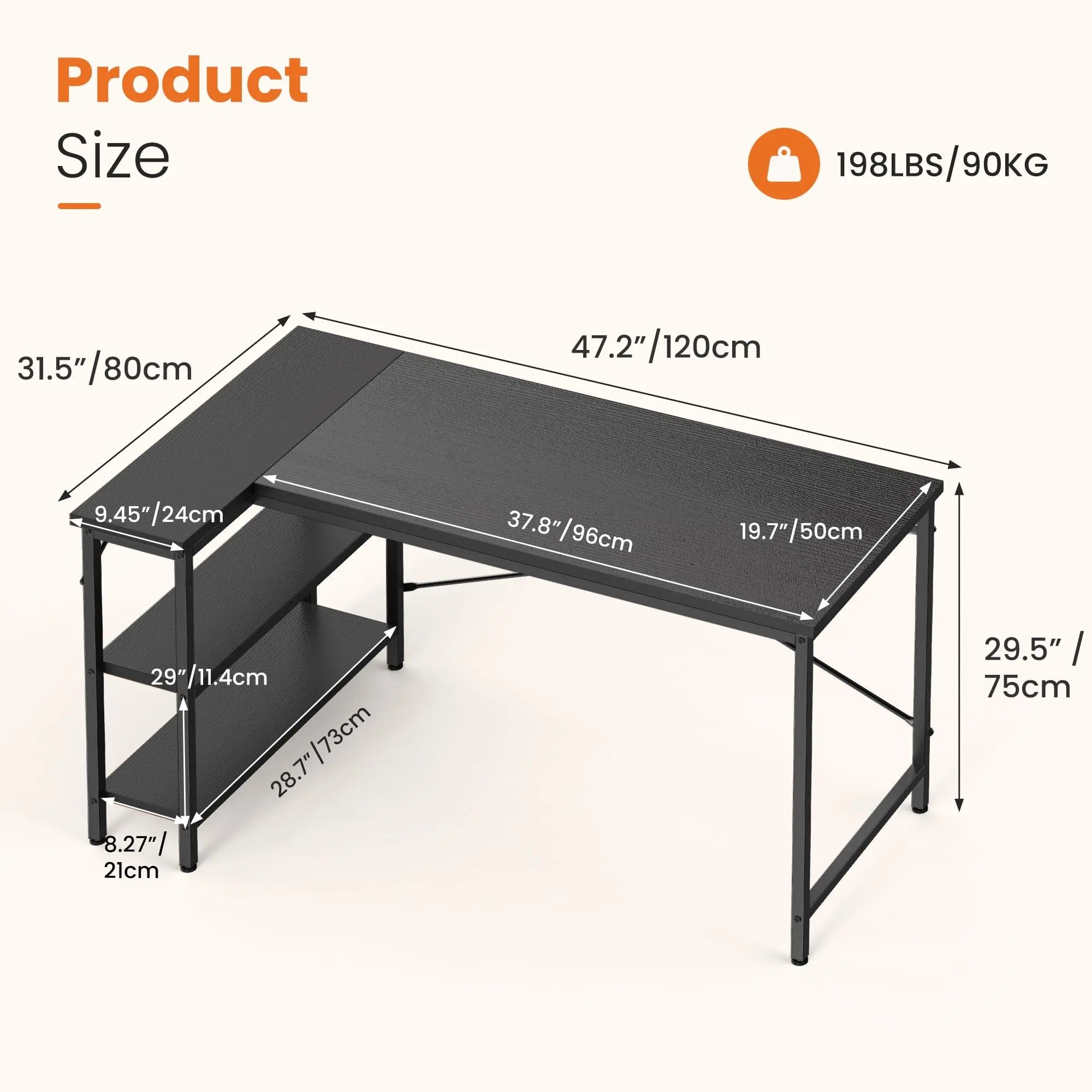 L Shaped Desk 47 Inch Computer Desk Gaming Furniture Corner Desks Home Office PC Table with Reversible Storage Shelves