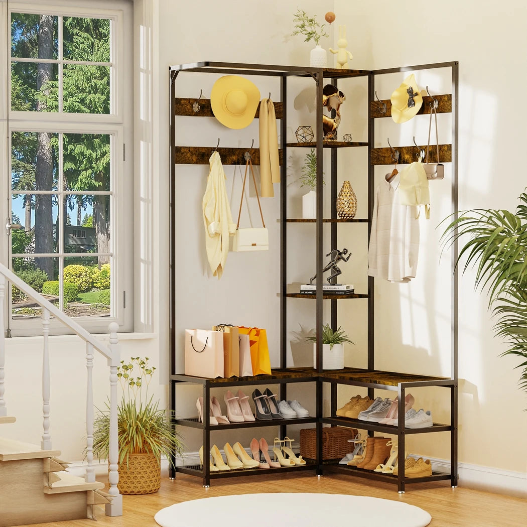 Heavy Duty Corner Coat Stand with Shoe Bench Hall Tree Free Standing Clothes Hat Hanger