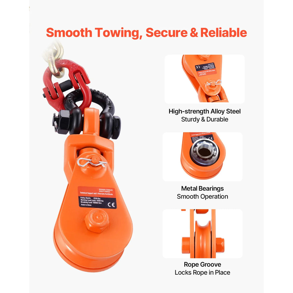 2T Snatch Block Pulley System with G80 Chain & Swivel Shackle 3"Sheave for 3/8" Rope Towing Recovery on Truck Rollback