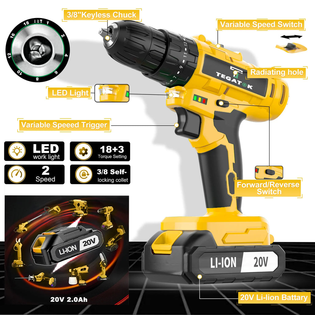 45N.M Electric Screwdriver 20+3 Household DIY Impact Drill LED Two Speed Electric Drilling Tool  20V Battery