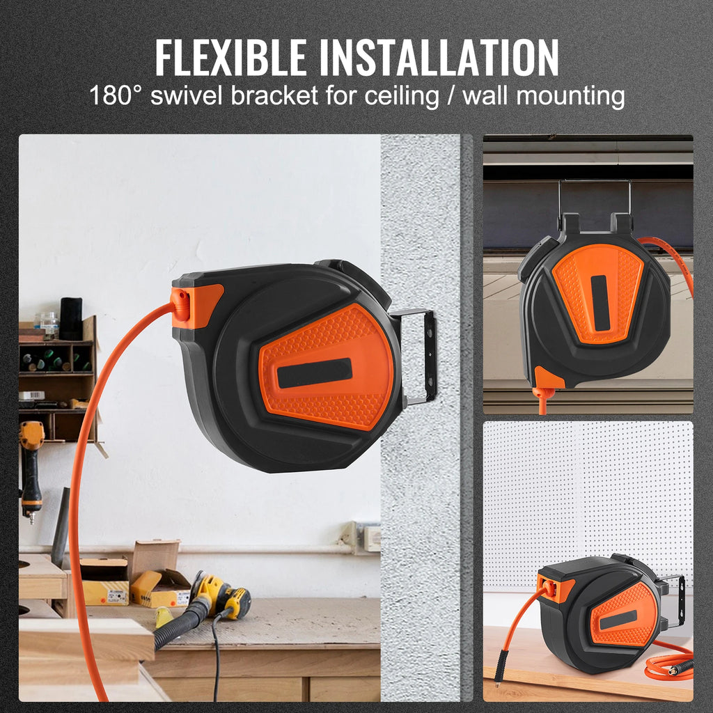 50FT Retractable Air Hose Reel WallMount PVC Hose Automatic Rewinding Swivel Line Compressor for Automobile Maintenance
