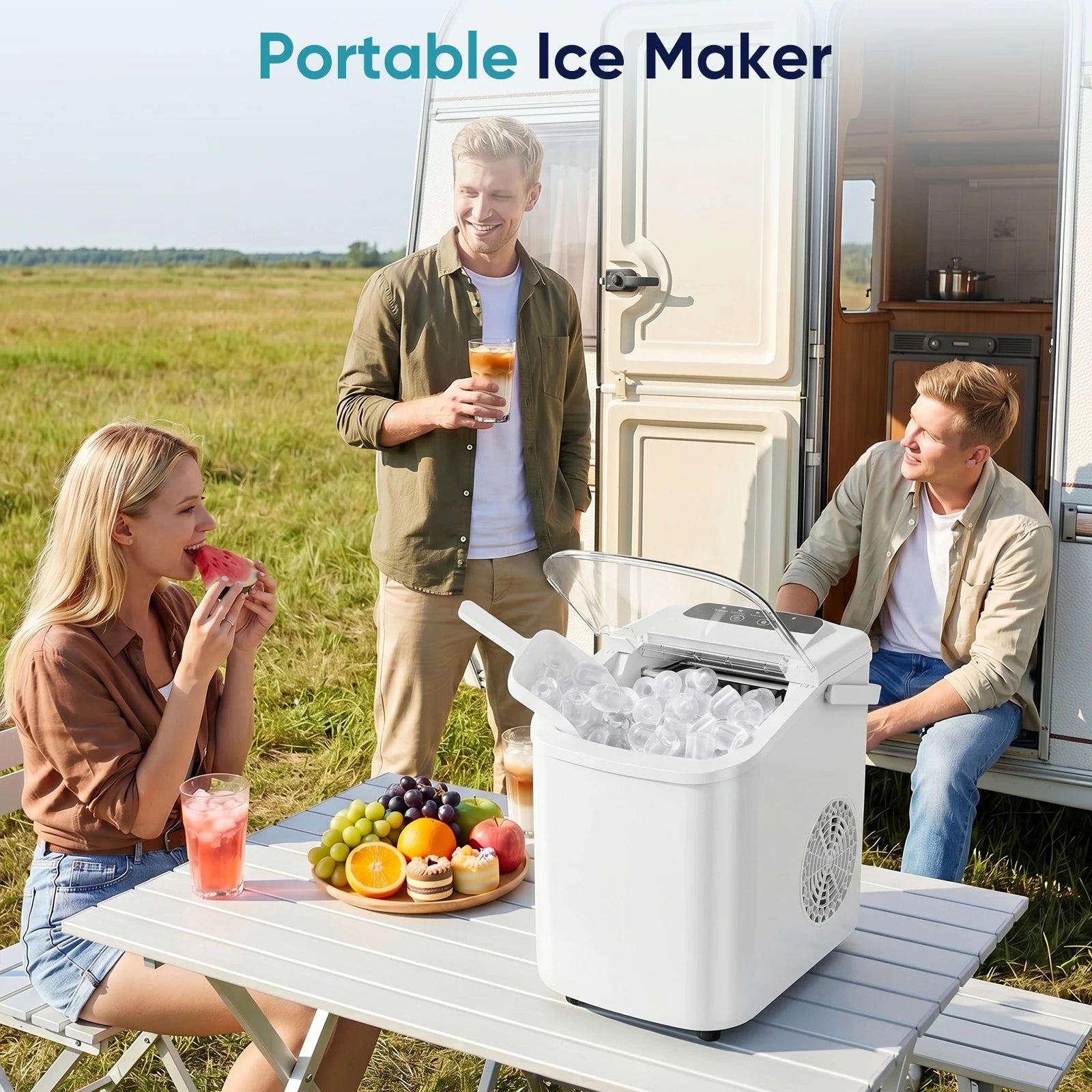 Small Portable Ice Machine Countertop Ice Maker with Scoop Basket and Handle 9 Ice Cubes Ready in 6 Mins 26.5lbs in 24Hrs for Home Kitchen Party