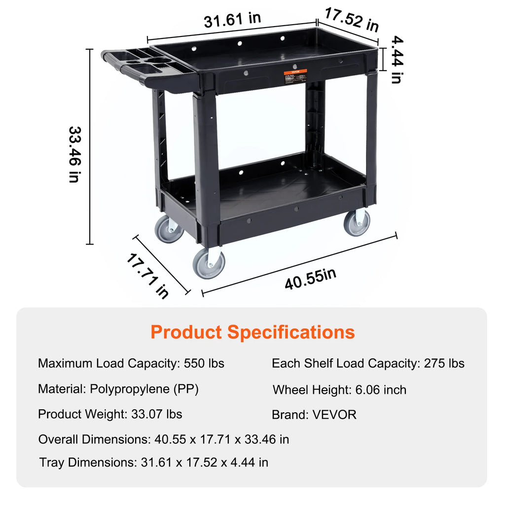 2/3 Shelf Utility Service Cart Dolly with 360° Swivel Wheels Ergonomic Storage Handle for Warehouse/Garage/Cleaning