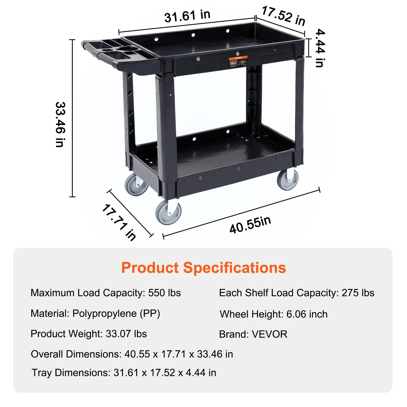 2/3 Shelf Utility Service Cart Dolly with 360° Swivel Wheels Ergonomic Storage Handle for Warehouse/Garage/Cleaning