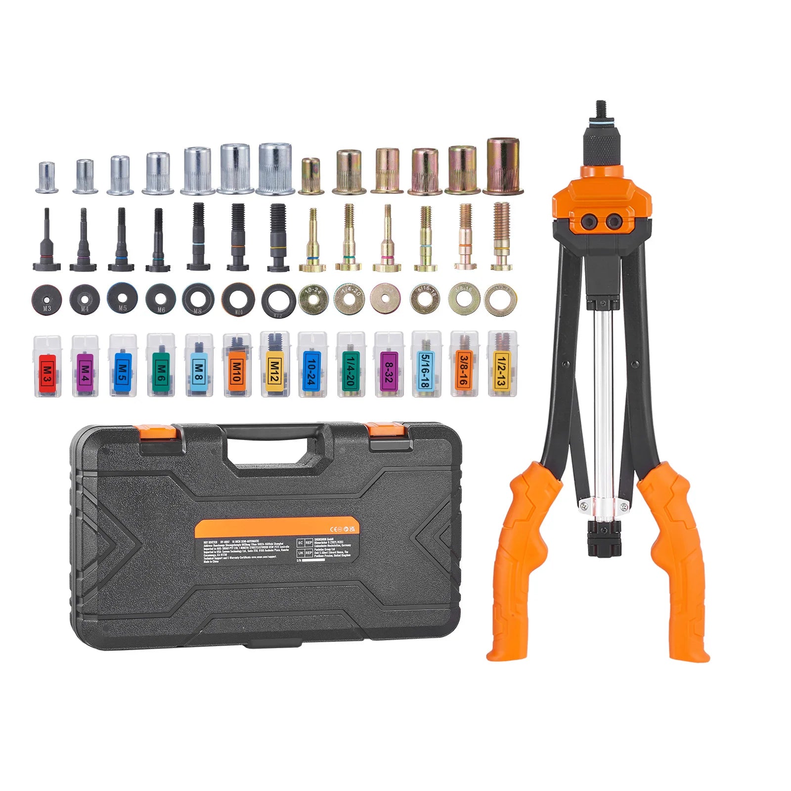 14" 16" Rivet Nut Tool Rivnut Tool Kit with Metric and SAE Mandrels 70PCS/186PCS Rivet Nuts With Rugged Carrying Case