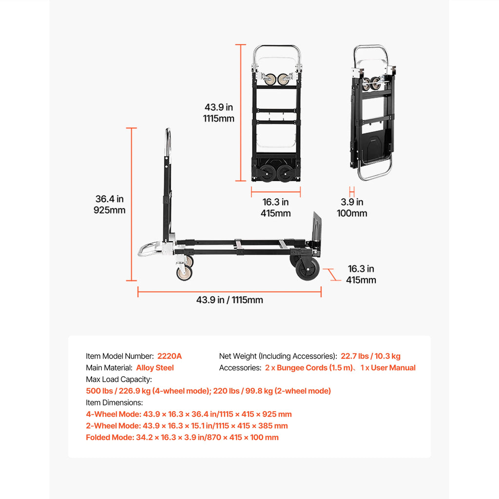 2 in 1 Folding Hand Truck 500lb Load Capacity for 4-Wheel Mode Convertible Hand Truck Dolly with Wheels for Moving Home