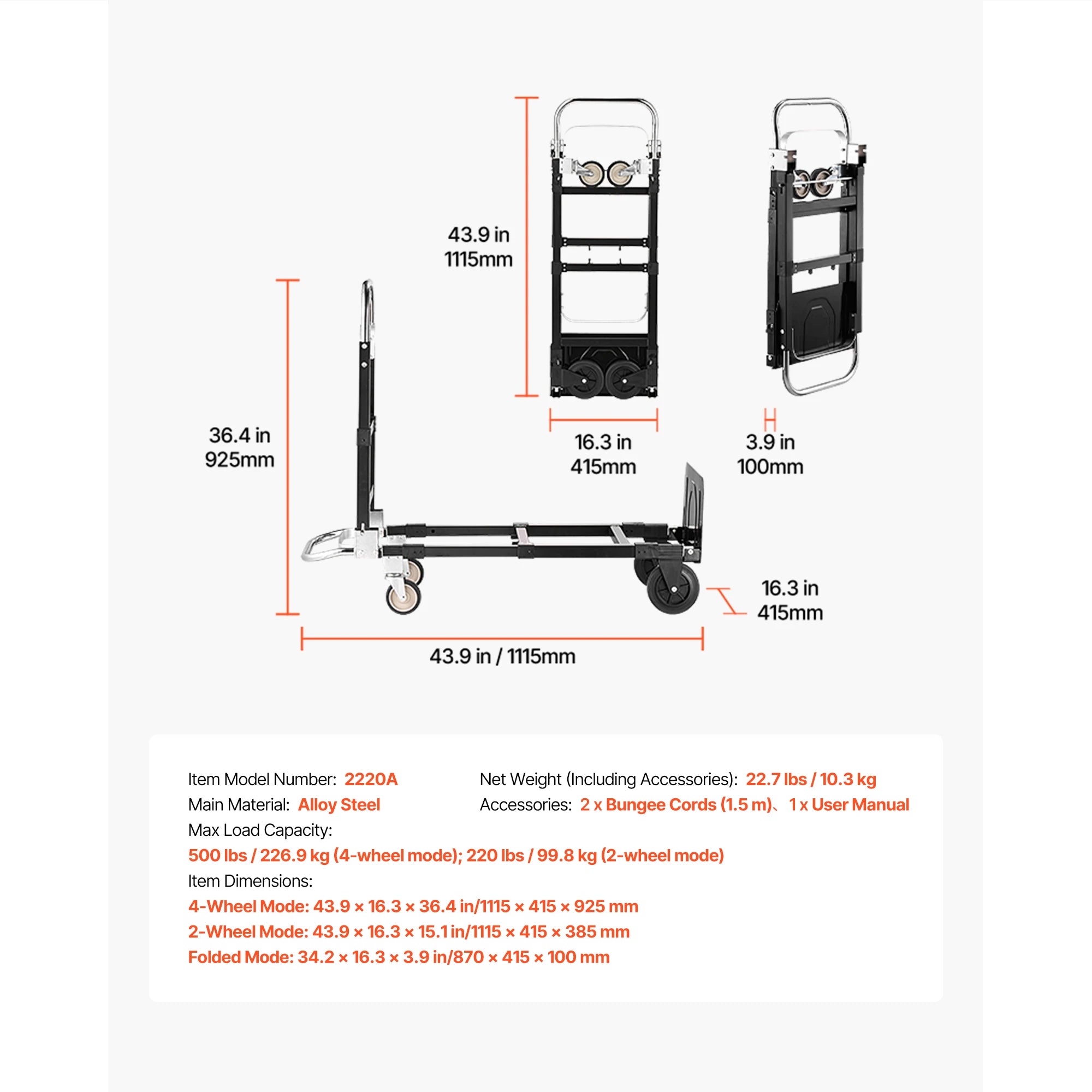 2 in 1 Folding Hand Truck 500lb Load Capacity for 4-Wheel Mode Convertible Hand Truck Dolly with Wheels for Moving Home