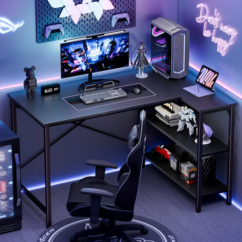 L Shaped Desk 47 Inch Computer Desk Gaming Furniture Corner Desks Home Office PC Table with Reversible Storage Shelves