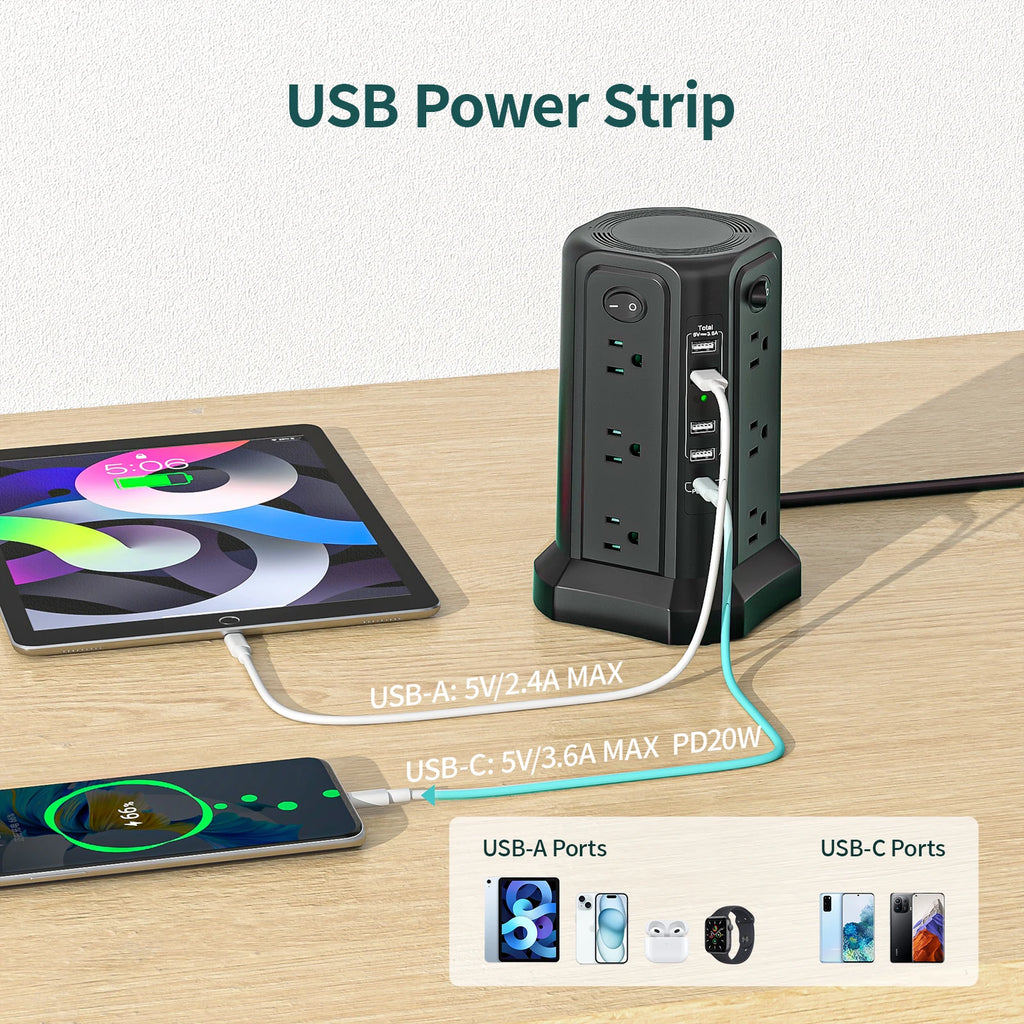 The tower power strip features 12 AC outlets and 5 USB ports (including 1 USB-C), equipped with a 1080J surge protector.