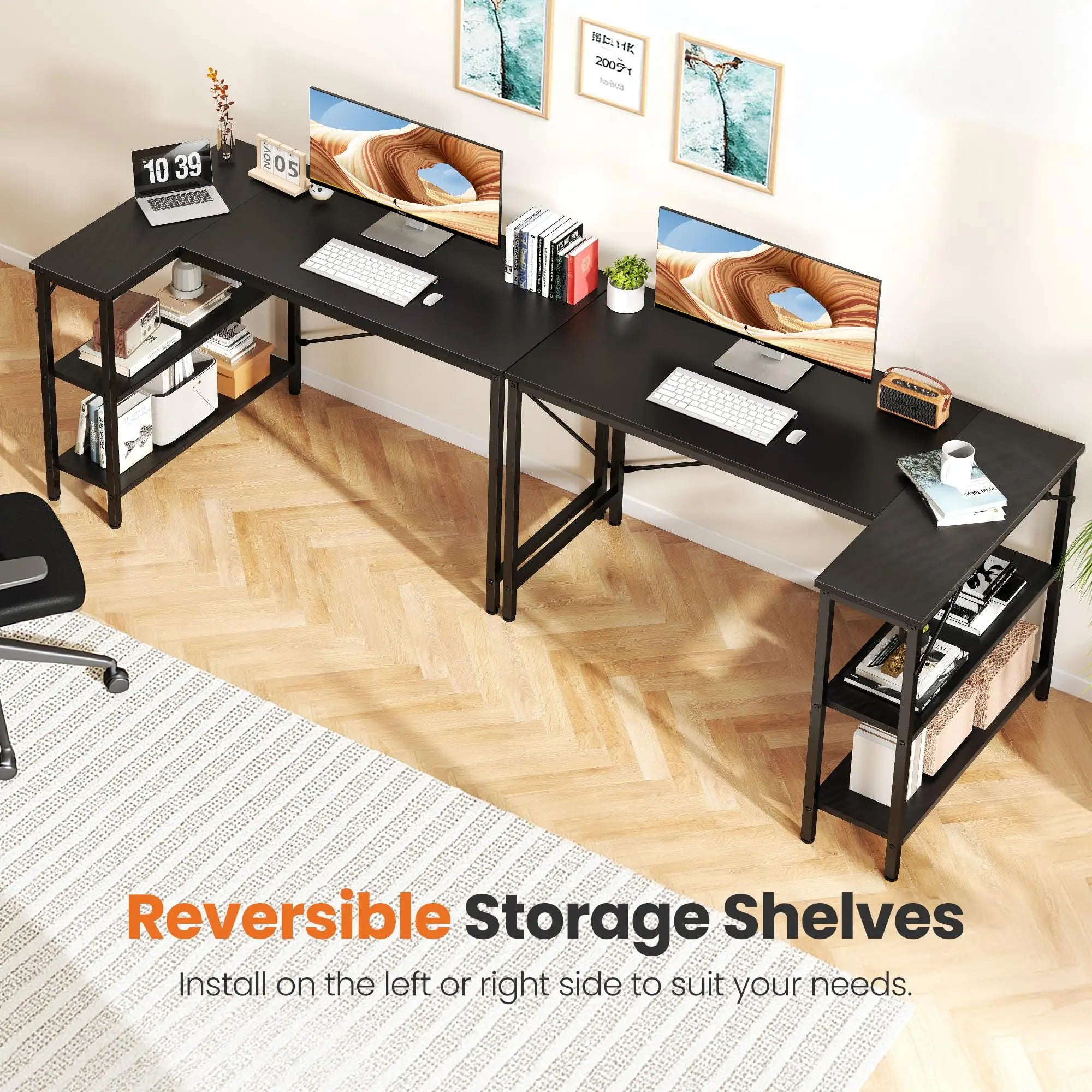 L Shaped Desk 47 Inch Computer Desk Gaming Furniture Corner Desks Home Office PC Table with Reversible Storage Shelves
