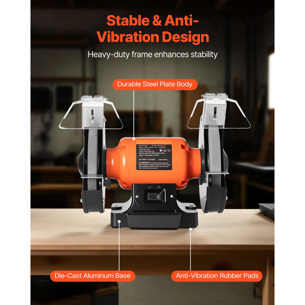 Bench Grinder 8-inch Single Speed Bench Grinder with Induction Motor Adjustable Eye Shield for Fast Sharpening Grinding