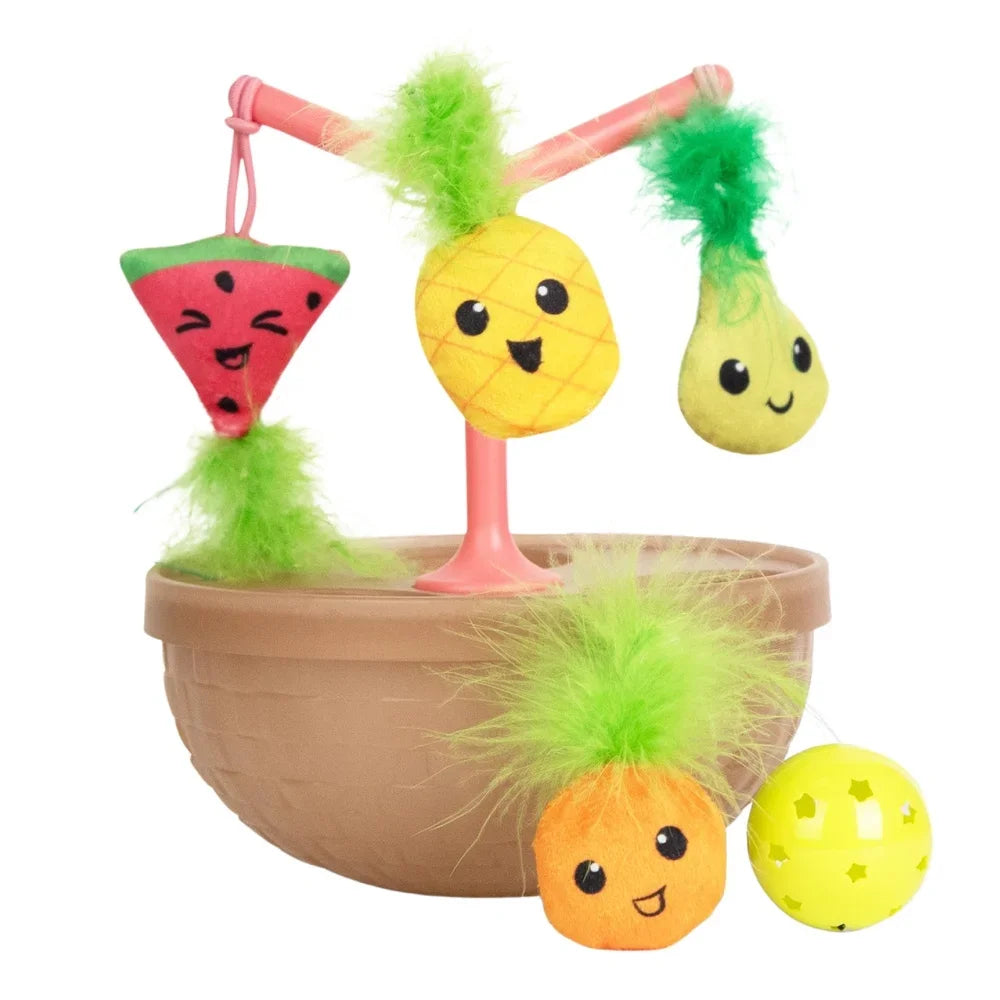 Wobbling Cat Toy Fruit Bowl with 5 Interactive Catnip Toys Jingle Ball Plush Flingers Indoor Entertainment Cats