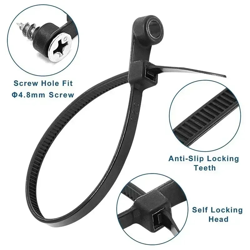 Nylon Cable Ties with Screw Hole Mount Self Locking Loop Wrap Bundle Ties Strap DIY Office Cables Wire Fasten Organizer