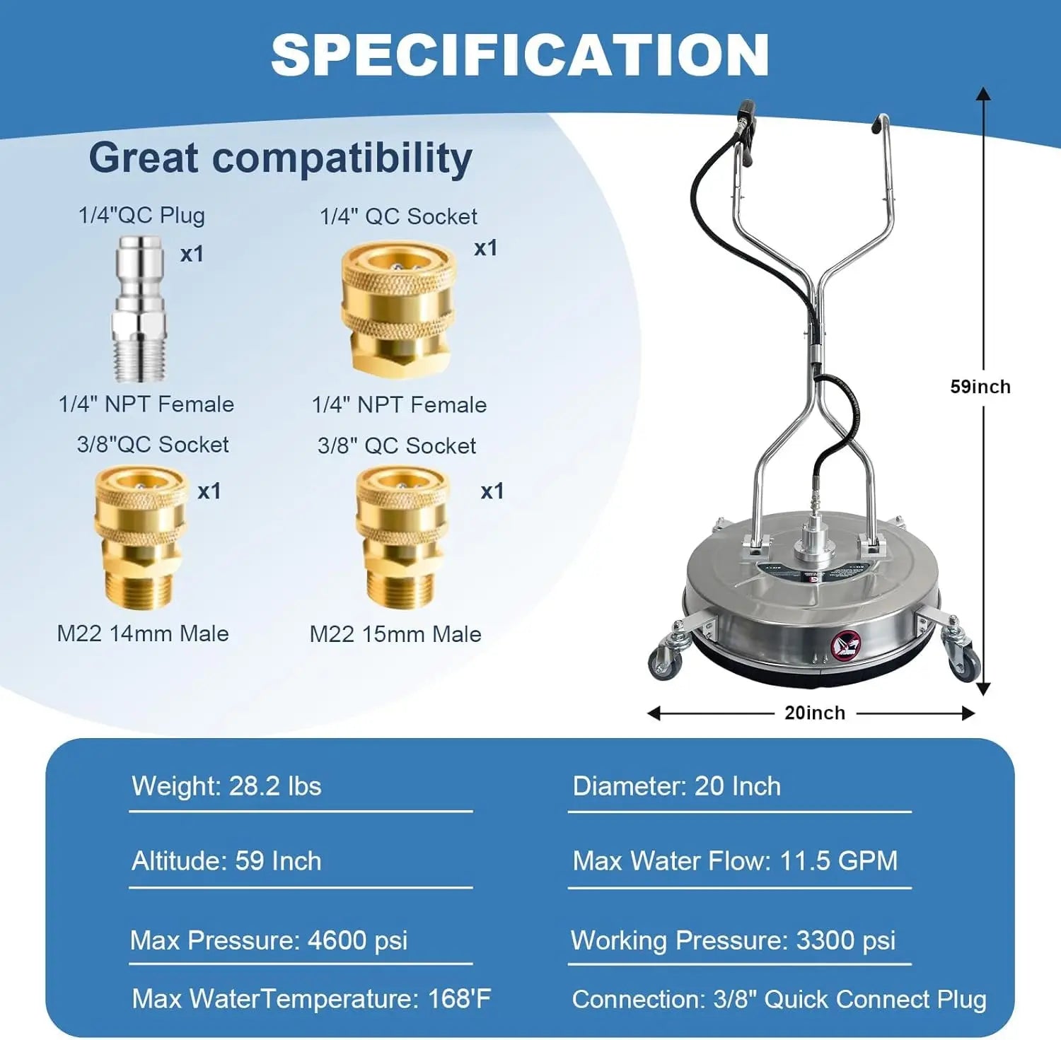 20" Pressure Power Washer Surface Cleaner 4600PSI with 4 Wheels & Dual Handles 3/8" Quick Connect for Concrete Driveway Sidewalk