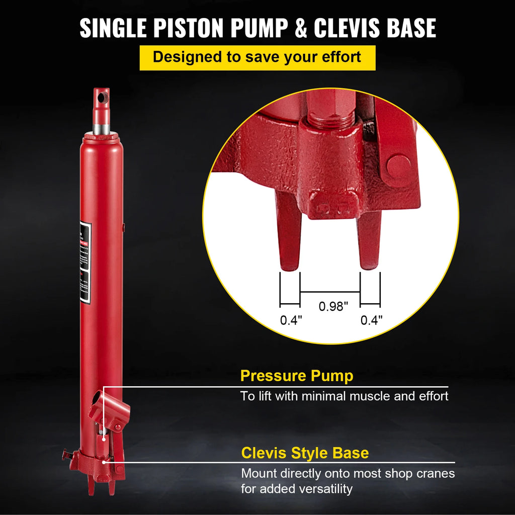 Hydraulic Long Ram Jack 8 Tons/17363 lbs Clevis Base Manual Cherry Picker for Garage/Shop Cranes Engine Lift Hoist Red