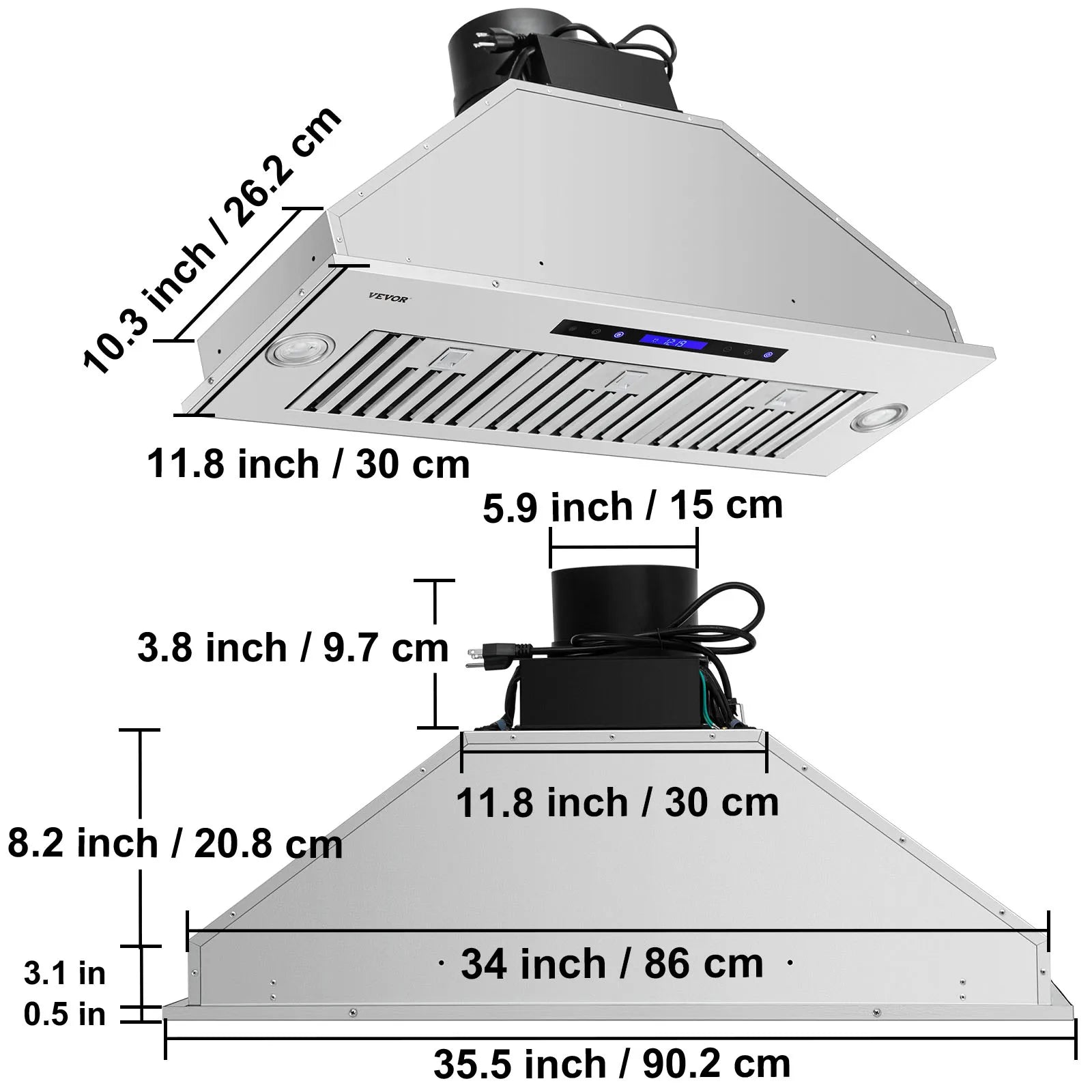 Built-in Range Hood 800/900CFM 3/4-Speed 30/36 Inch Stainless Steel with LED Lights Baffle Filters Ducted Convertible