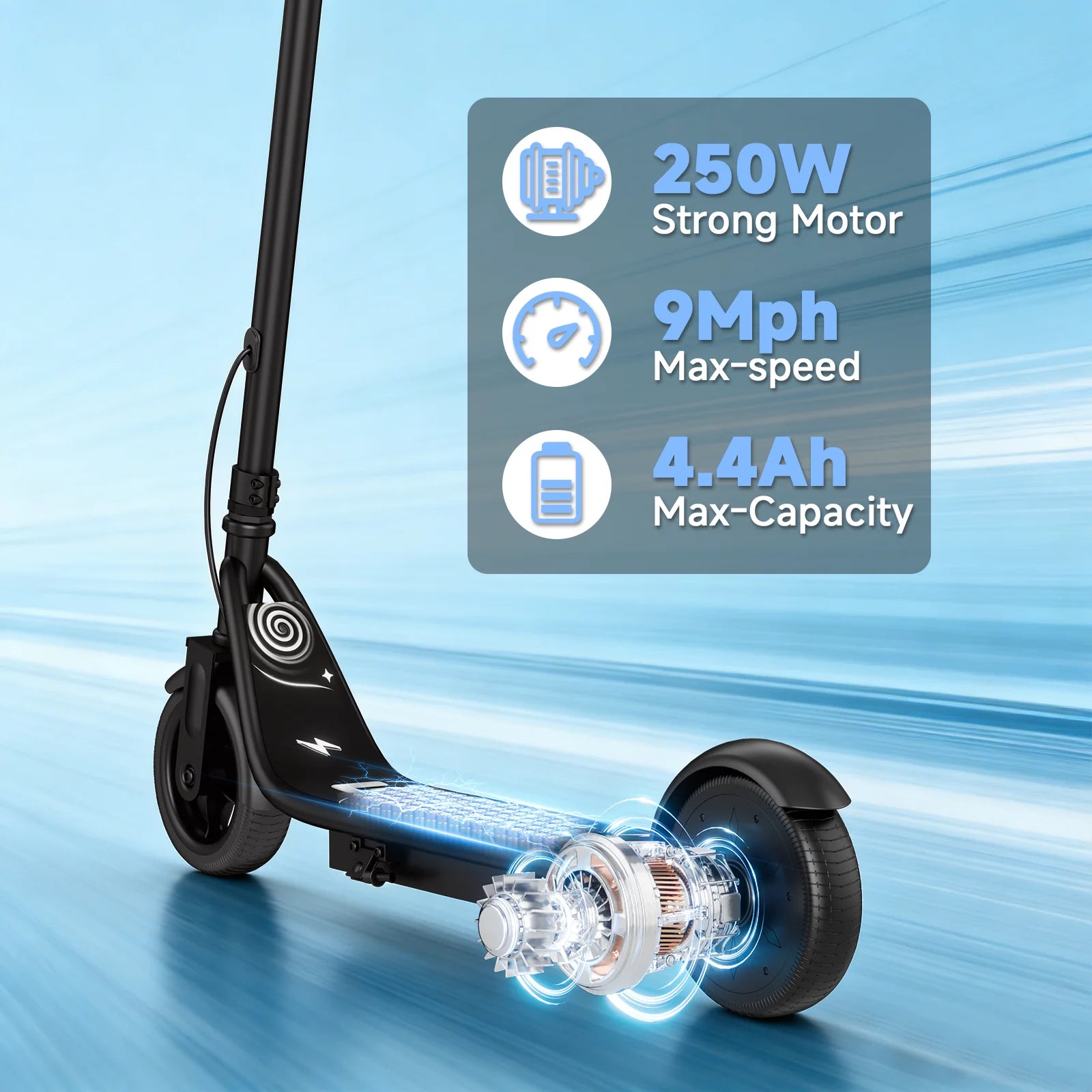 Electric Scooter for Kids - 3/6/9MPH Three Speed Modes & 10Mile Max Range, 250W Motor, 6.5" Solid Tires Commuter E-Scooter