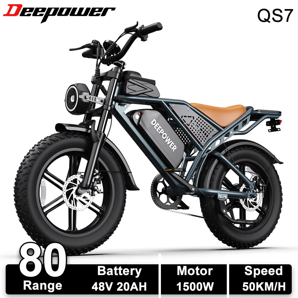 DEEPOWER QS7 Adult Electric Bike 1500W 48V 60Ah Dual Battery Off-Road Electric Bicycle 20 Inch Dual Suspension All-Terrain Ebike