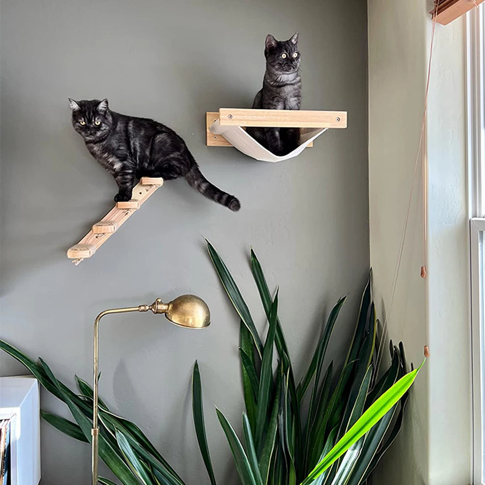 3Pcs Cat Hammock with Four Step Sisal Stairways or Scratching Posts Set Wall Mounted Wooden Cats Furniture Climbing Shelf Perch