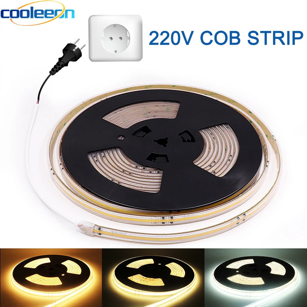 AC 110V 220V COB LED Strip Flexible Neon Light Bar IP67 Driverless High Bright 5m 10m 20m 30m 50m FOB COB Linear Tape LED CRI 90