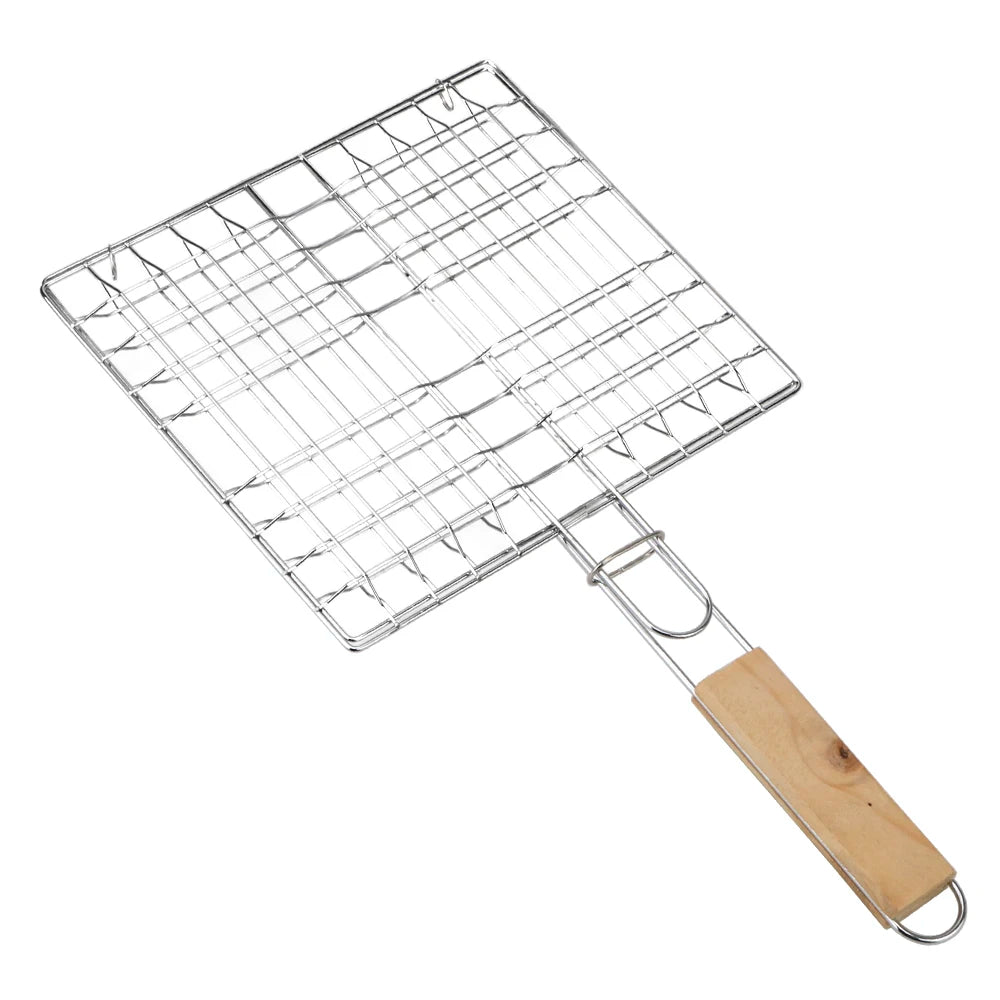 Barbecue Grilling Reusable Meat Fish Clip Holder Wooden Handle Stainless Steel Grill Mesh Foldable BBQ Grill Mat Grilling Basket