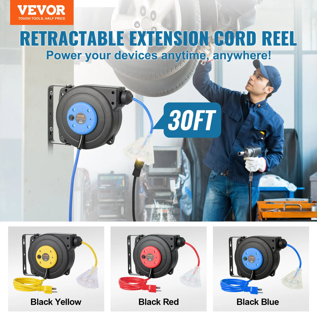 Retractable Extension Cord Reel 30FT Lighted Triple Tap Outlet 10 Amp Circuit Breaker 4.5FT Lead-in Cord Electrical Use