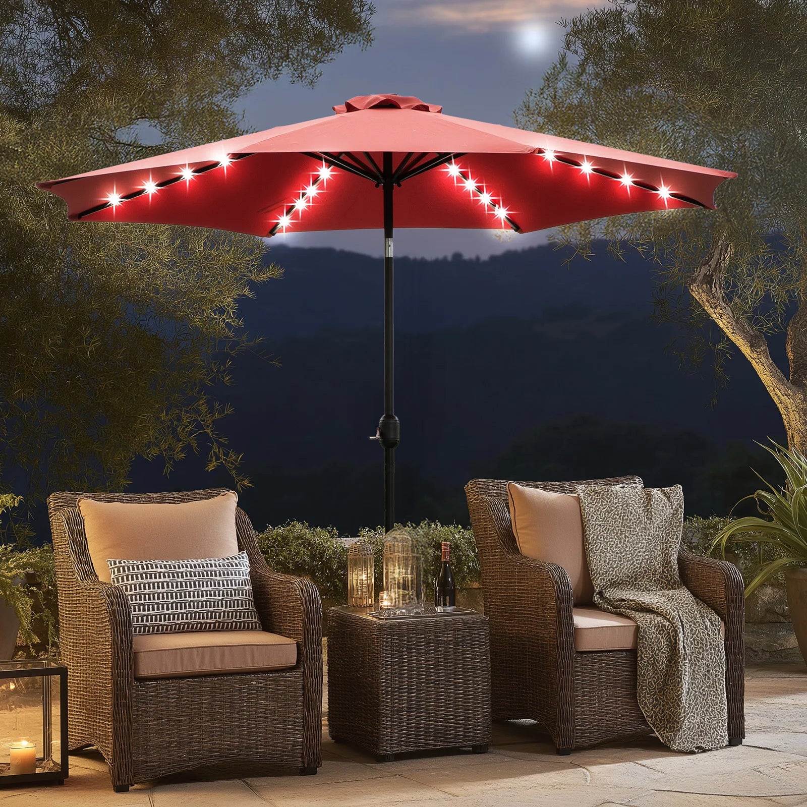 10FT Solar Patio Umbrella with 32 LED Lights UV-Resistant Outdoor Table Umbrella with Tilt and Crank for Backyard Garden