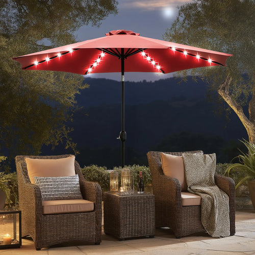 10FT Solar Patio Umbrella with 32 LED Lights UV-Resistant Outdoor Table Umbrella with Tilt and Crank for Backyard Garden