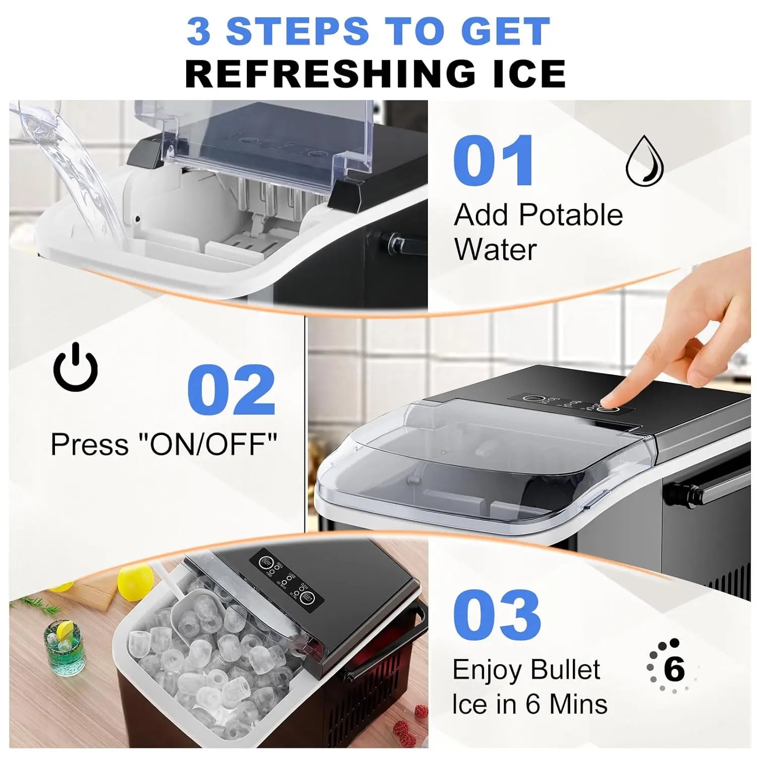 Portable Ice Maker Machine, 9 Cubes in 6 Mins, 26lbs Daily, Auto-Clean with Basket & Scoop for Home Kitchen RV Camping Black