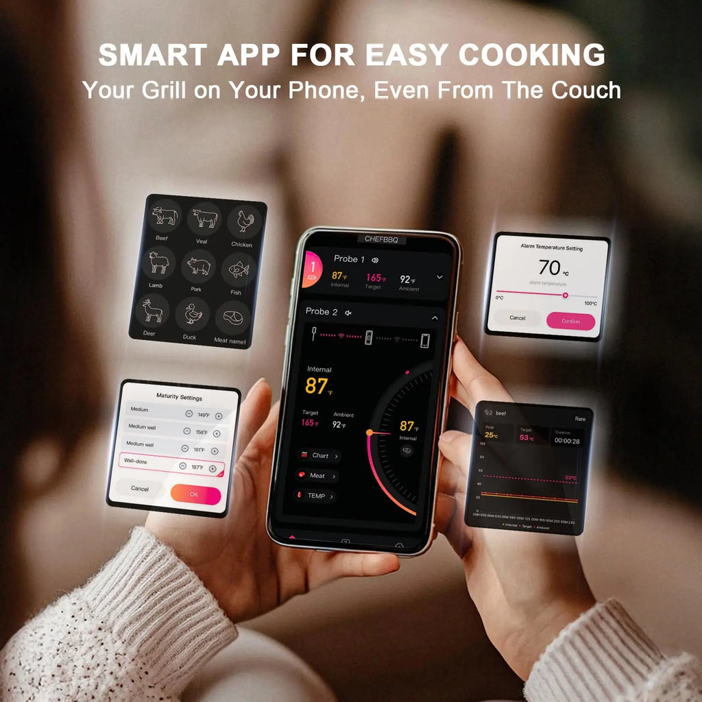 Wireless Bluetooth Meat Thermometer 4 Probe Support Smart Timer & APP Alerts, Big Digital Backlit Screen, for BBQ, Oven, Smoker
