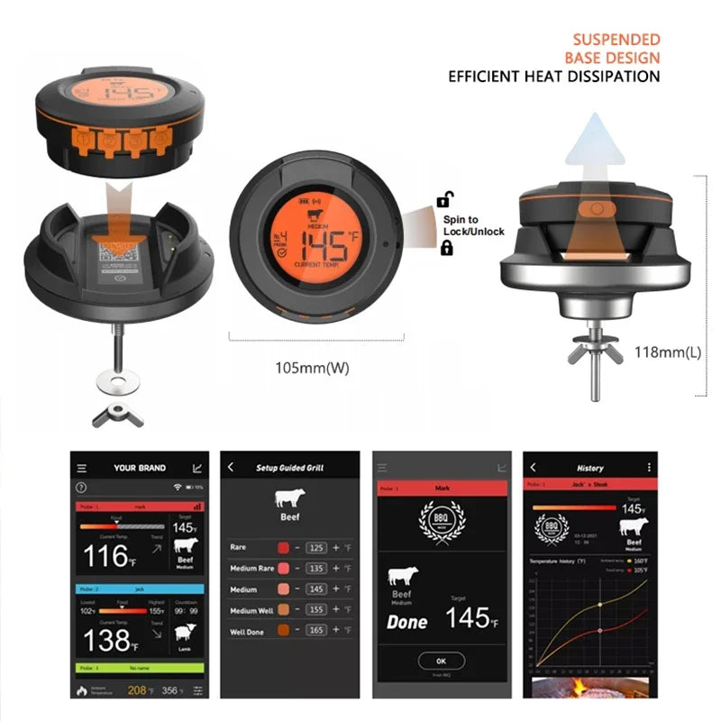 Bluetooth Digital Thermometer Sensor For High 500°F Oven Grill Barbecue Meat Cooking Tools
