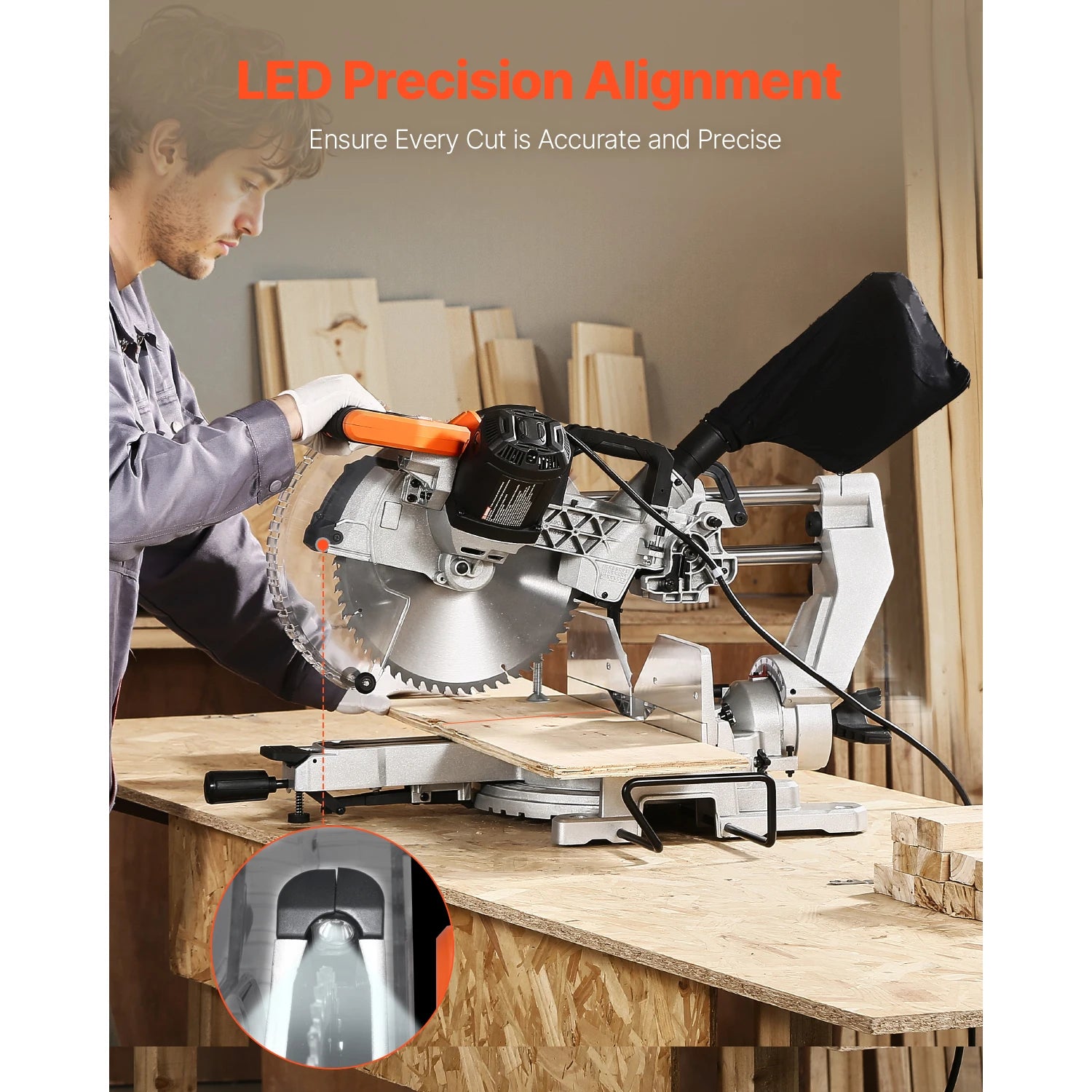 Sliding Compound Miter Saw 12-Inch Blade 15Amp Motor 60-Tooth Corded Double Bevel Sliding Miter Saw LED Alignment