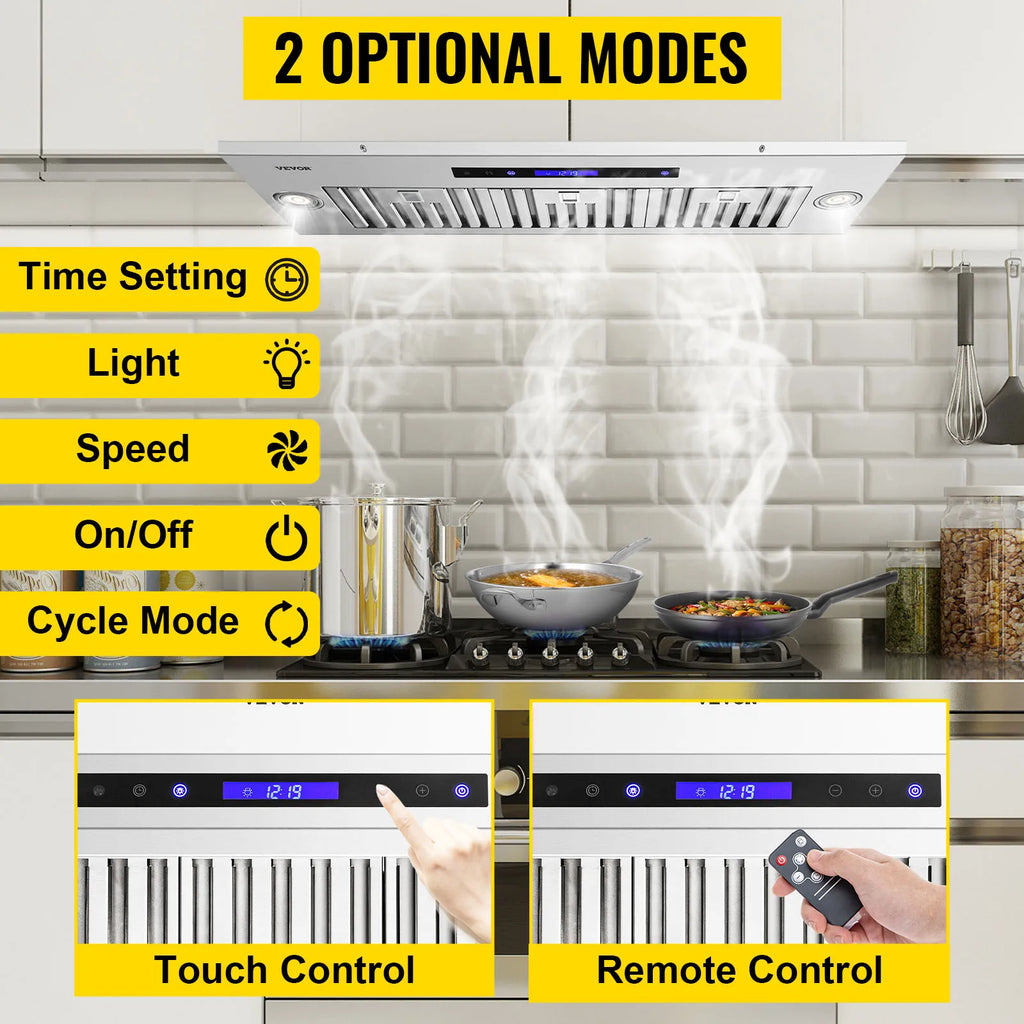 Built-in Range Hood 800/900CFM 3/4-Speed 30/36 Inch Stainless Steel with LED Lights Baffle Filters Ducted Convertible