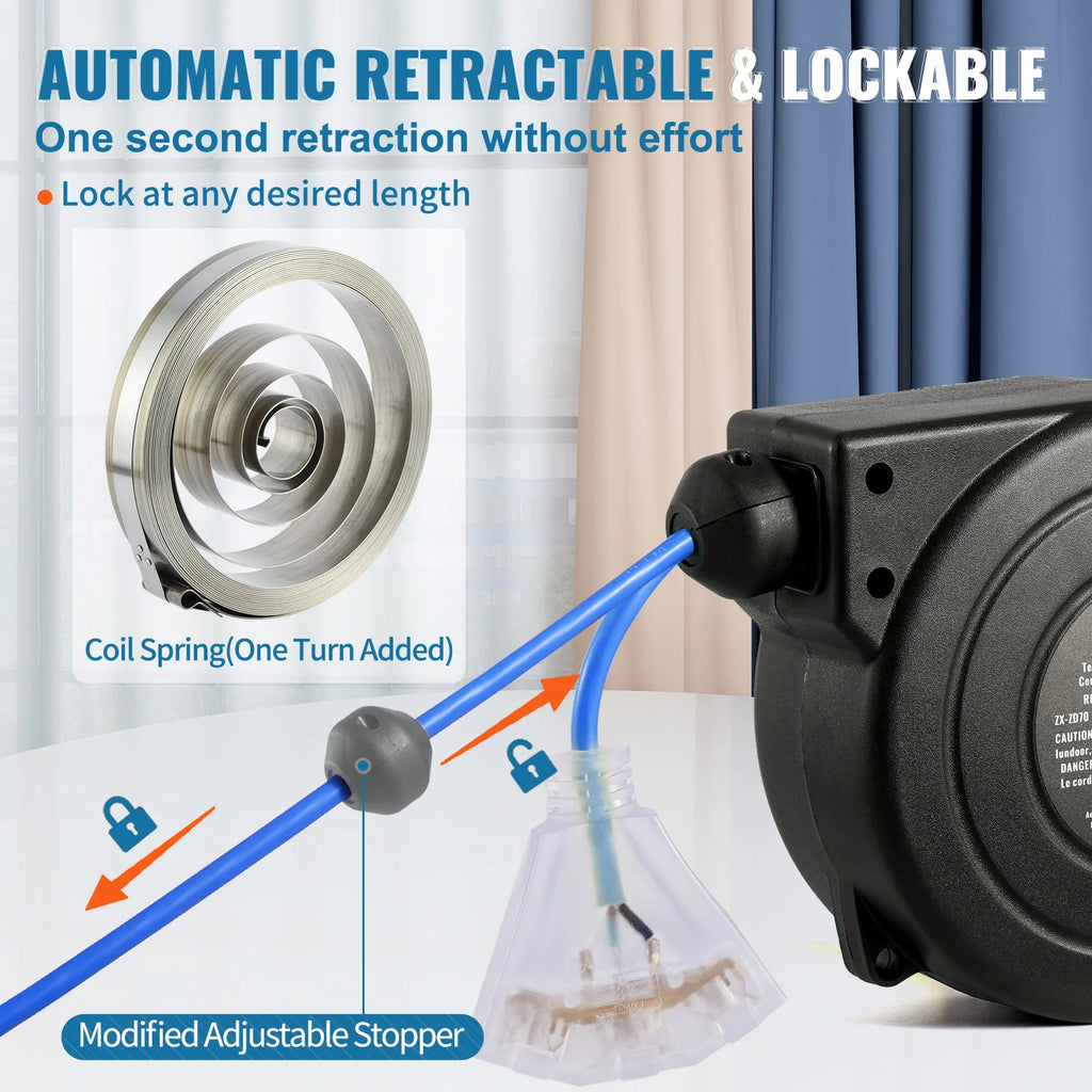 Retractable Extension Cord Reel 30FT Lighted Triple Tap Outlet 10 Amp Circuit Breaker 4.5FT Lead-in Cord Electrical Use