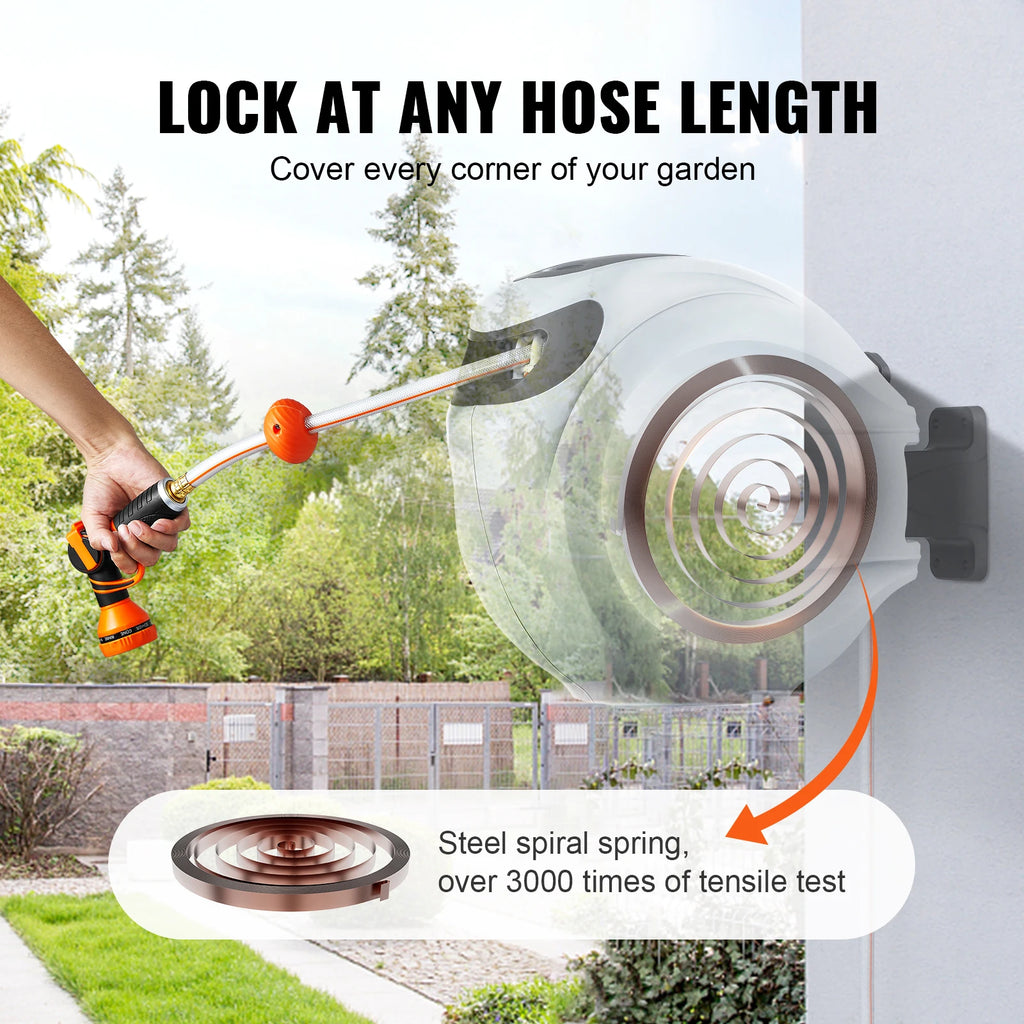 Retractable Hose Reel 180° Swivel Bracket Wall-Mounted Garden Water Hose Reel with 9-Pattern Nozzle Automatic Rewind