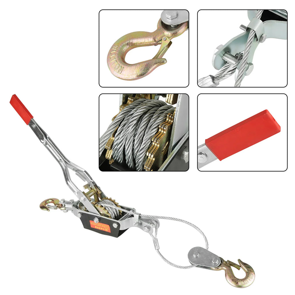 2/4T Wire Rope Hand Power Puller Tighten Tool Gear Winch Puller Industry Mini Tightener Double Hook Lifting Tool Padded Grip