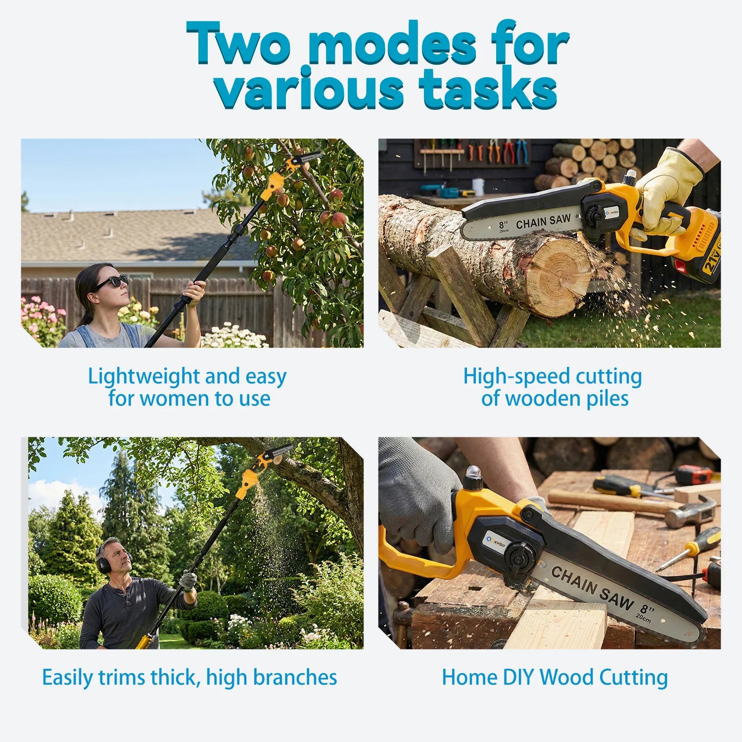 2-in-1 Electric Pole Saws, 6"&8"Cordless Power Saw with Extension Pole, Two 21V 3.0Ah Batteries for Wood Cutting/Tree Trimming