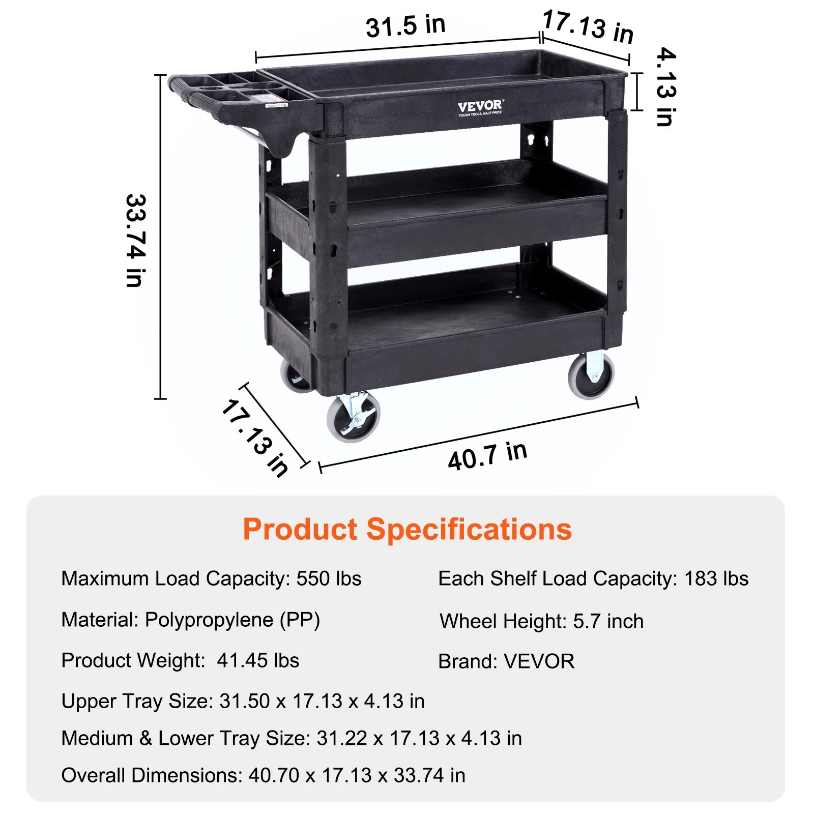2/3 Shelf Utility Service Cart Dolly with 360° Swivel Wheels Ergonomic Storage Handle for Warehouse/Garage/Cleaning
