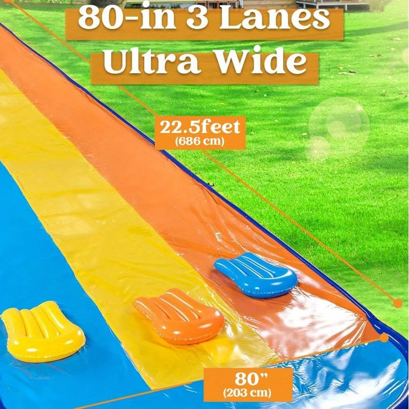 22.5ft Lawn Triple Water Slide with 3 BodyBoards Water Summer Toy with Build in Advanced Sprinkler for Backyard Summer Fun