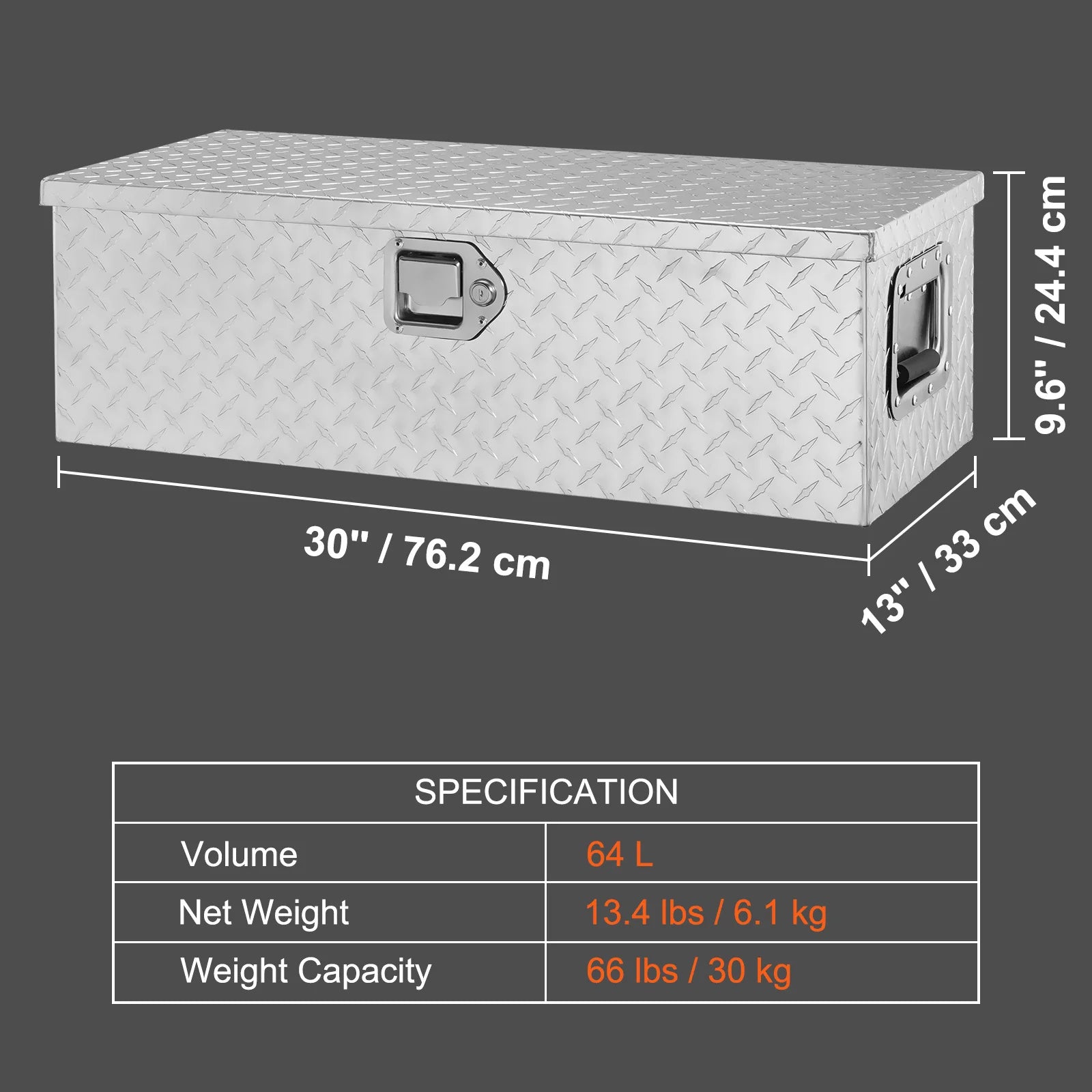 Heavy Duty Aluminum Truck Bed Tool Box, Diamond Plate Tool Box with Side Handle and Lock Keys for Pickup, Truck Bed, RV