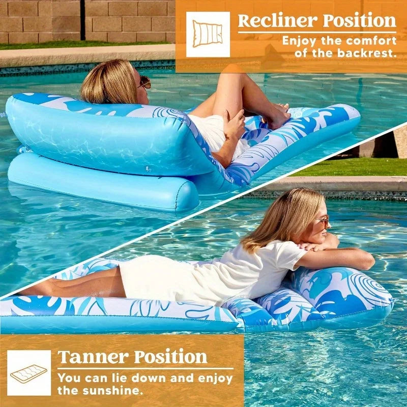 Adjustable Backrest Pool Floats-Tropical Leaves Pool Lounger Floaties Adults with Cup Holders Inflatable Tanning Float