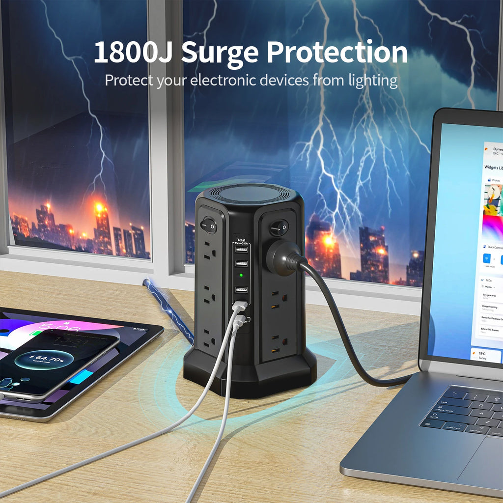 The tower power strip features 12 AC outlets and 5 USB ports (including 1 USB-C), equipped with a 1080J surge protector.