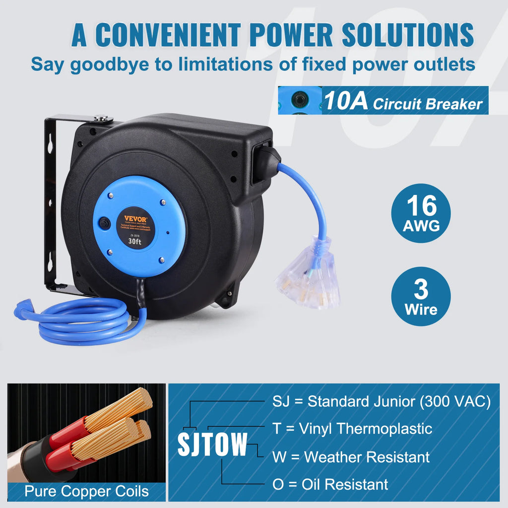 Retractable Extension Cord Reel 30FT Lighted Triple Tap Outlet 10 Amp Circuit Breaker 4.5FT Lead-in Cord Electrical Use